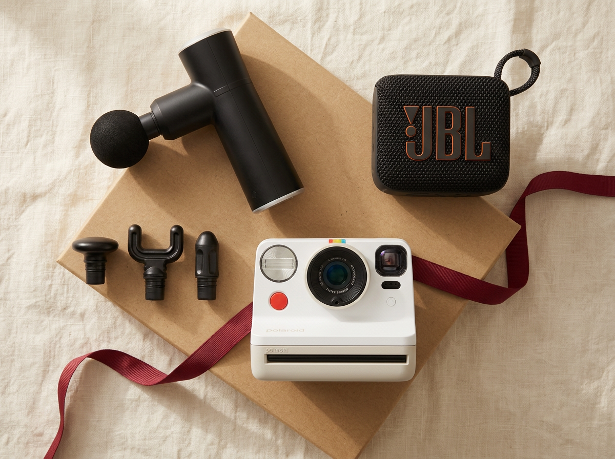 Hâws MG01 massagepistol, JBL Go 4 og Polaroid Now Gen 3 pakket som firmagave