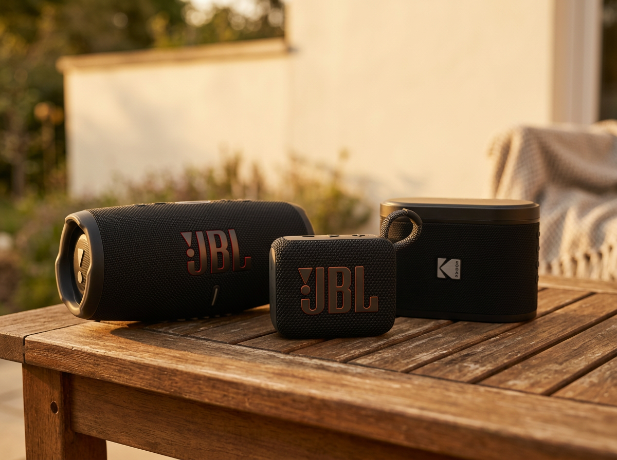 JBL Charge 5, JBL Go 4 og Kodak Soundbrix på et havebord i aftensol