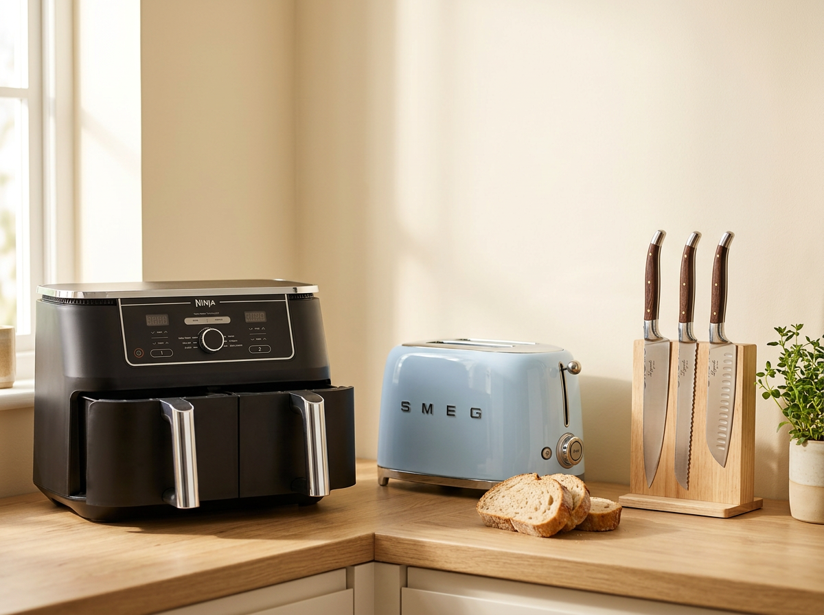 Ninja Foodi Dual Zone AF400EU, Smeg TSF01 brødrister og Laguiole knivsæt i et lyst køkken