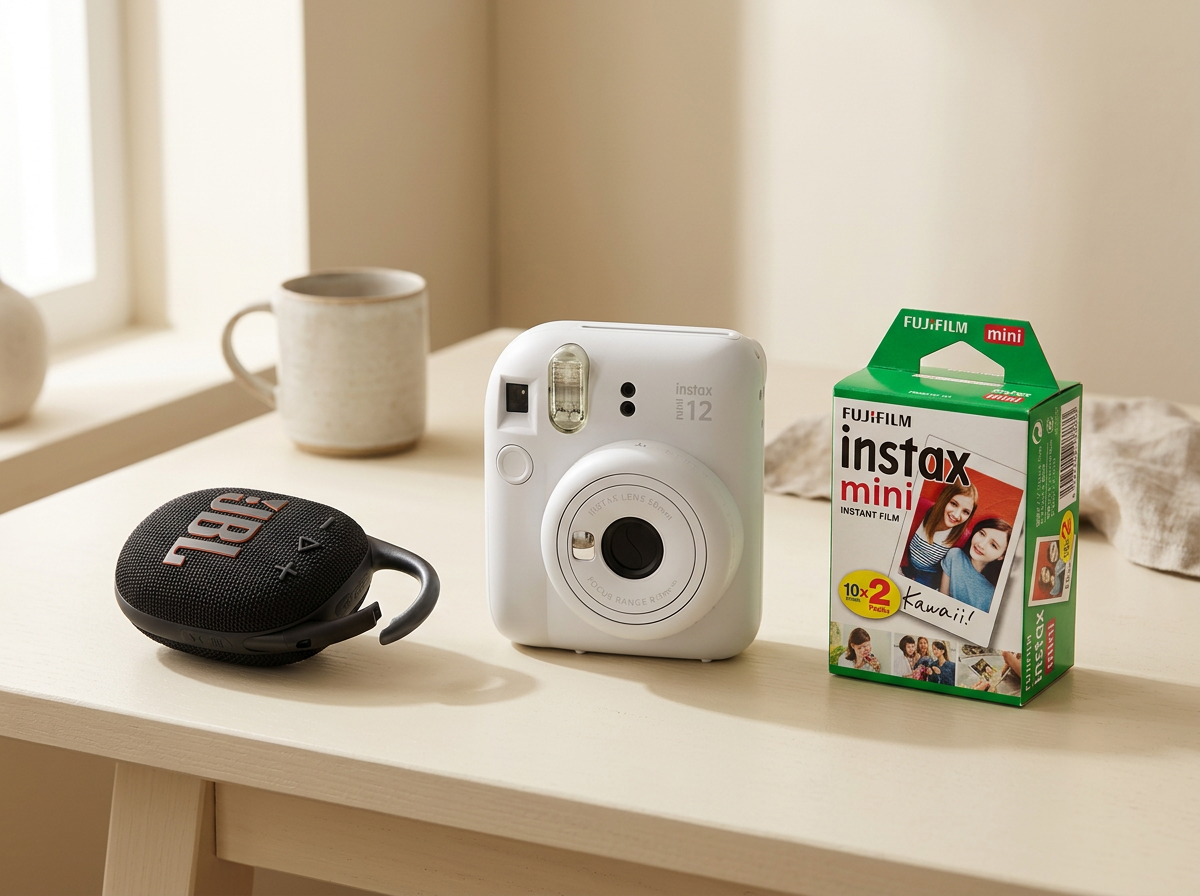 Fujifilm Instax Mini 12, Instax Mini film og JBL Clip 5 på et lyst skrivebord